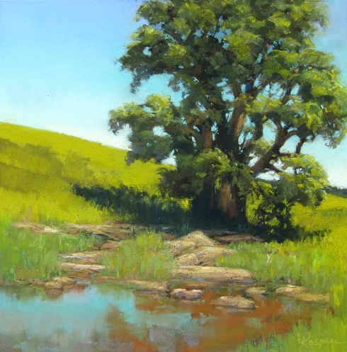 "Waiting for Bison, Tallgrass Prairie Waterhole"; mostly plein air pastel 15" x 14"