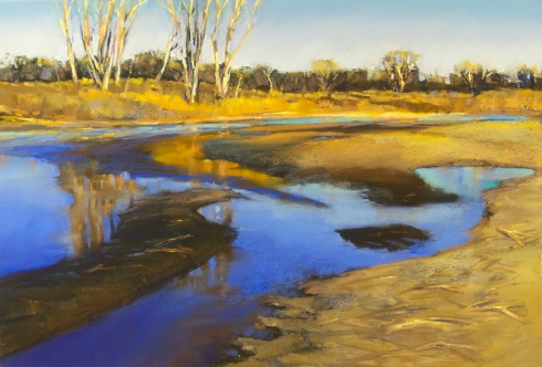 Late day light on the Canadian River- pastel 18.5" x 12.5". This spot is on the property of a sand company in Goldsby. The owner turned out to be a really nice guy who didn't kick us out, and invited us (me and another artist) to stop by anytime and paint. Sometimes it pays to look really harmless.