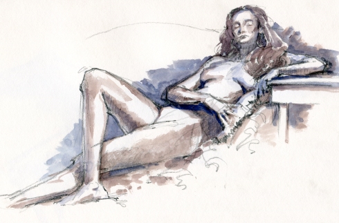 Nude, reclined sullenly with one crossed leg. Watercolor over 6B pencil in Stillman & Birn Gamma Series skethbook. 20 minute pose.