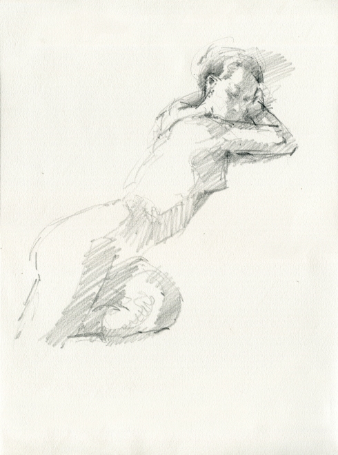 Resting on crossed arms against the seat of an orange armchair. Not that you'd know if I hadn't mentioned it. Pencil on Rives BFK 11" x 15", 6 minute pose.