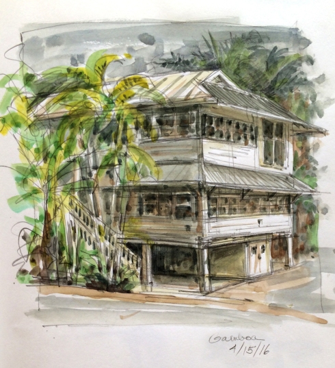 Where we're staying, a typical Canal Zone bungalow on stilts. Catches the breezes from all directions. Good tropical construction technique. Watercolor over pencil, Stillman & Birn Epsilon book.